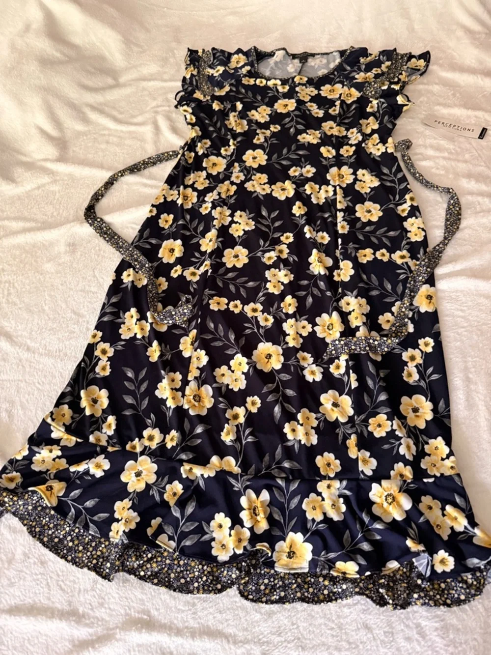 New Perceptions New York Yellow Floral Ditsy Blue Dress XL NWT - Picture 2 of 9